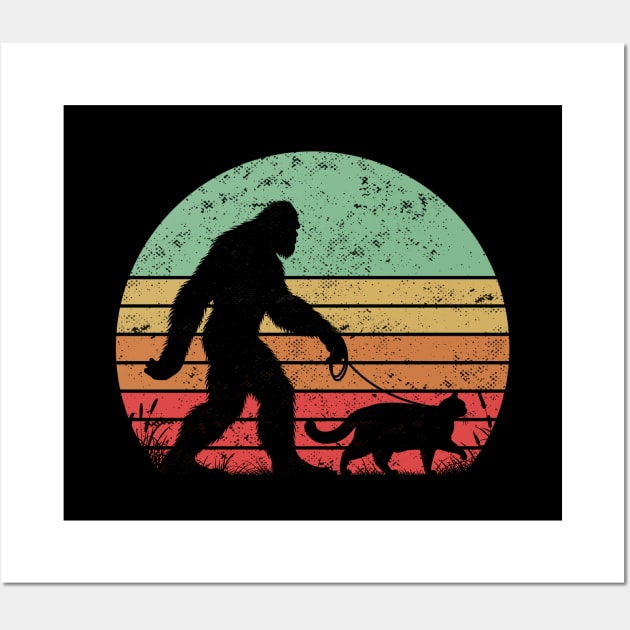 Bigfoot Sasquatch Hiking With Chunky Cat Vintage Sunset Outdoor Wall Art by Cuteness Klub